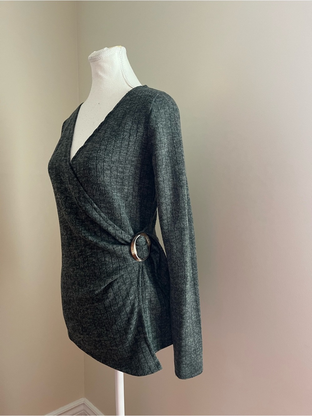 Ricki's Charcoal Gray V‑Neck Wrap Sweater with Side Ring
